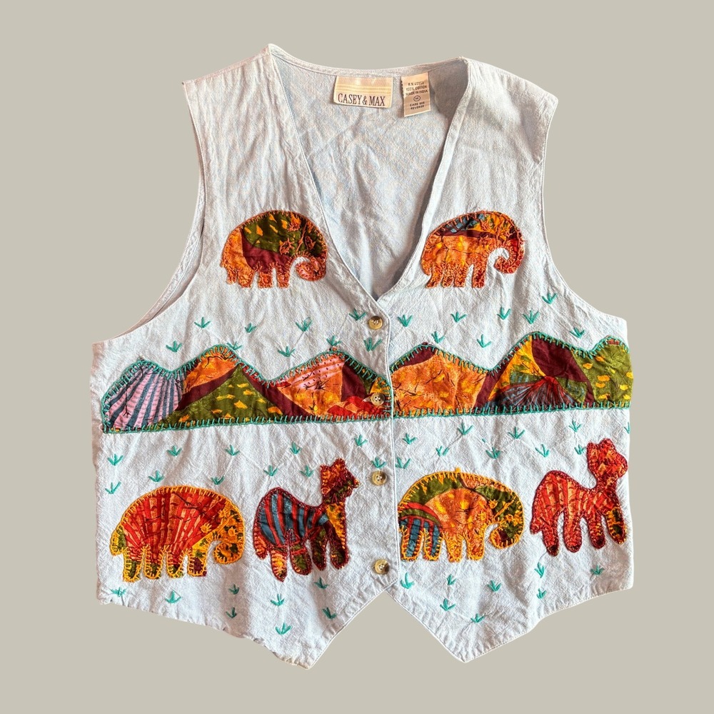 Casey & Max Womens Vest Medium Blue Cotton Patchwork Elephant Llama Vintage 90s